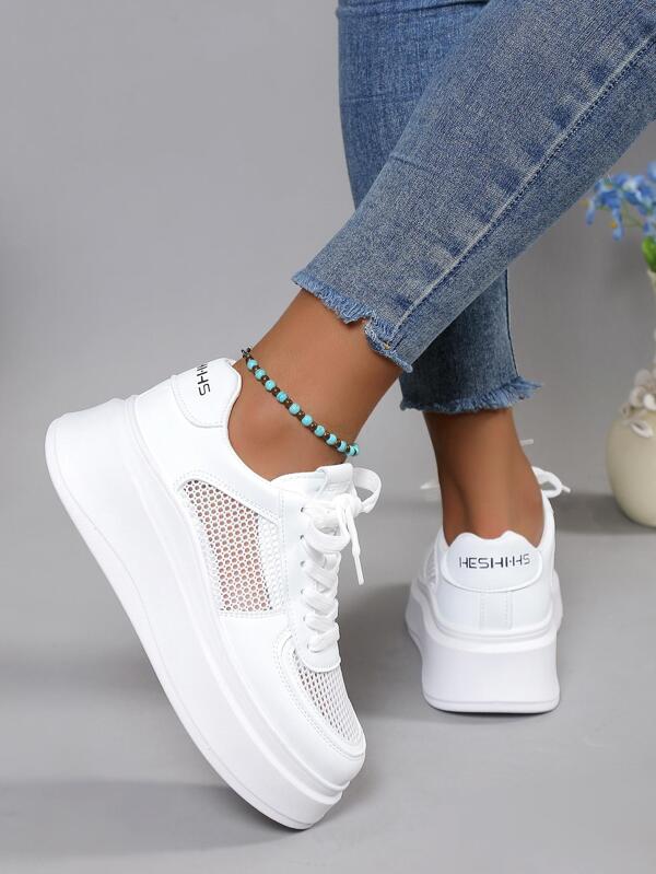 Nachtglanz™ -Katzenpfoten- Frauen Mesh Panel Lace-up Front Wedge Sneakers, Sportliche Sneakers