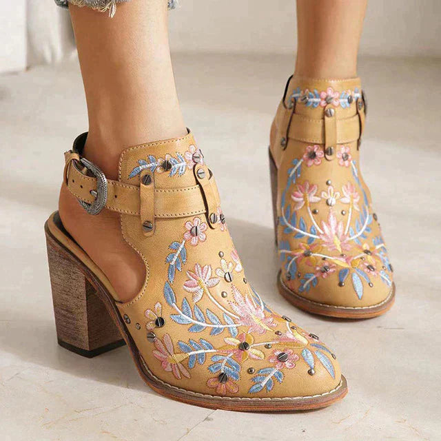 Vintage Stickerei Blumen Holzklötze hochhackige Clogs - Nachtglanz™
