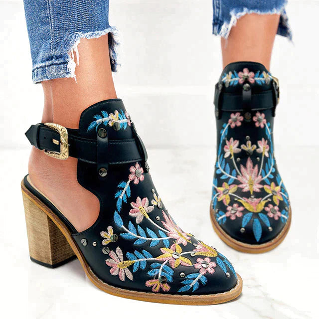 Vintage Stickerei Blumen Holzklötze hochhackige Clogs - Nachtglanz™