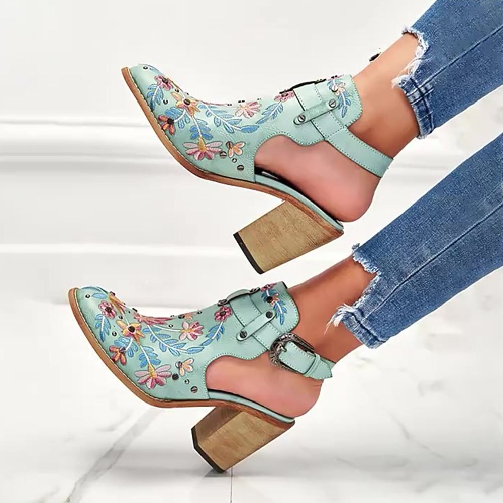 Vintage Stickerei Blumen Holzklötze hochhackige Clogs - Nachtglanz™