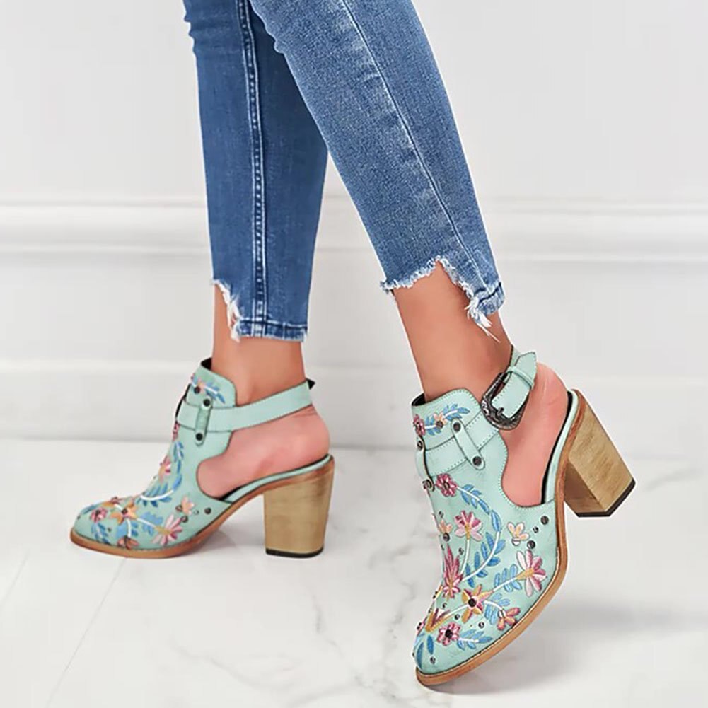 Vintage Stickerei Blumen Holzklötze hochhackige Clogs - Nachtglanz™
