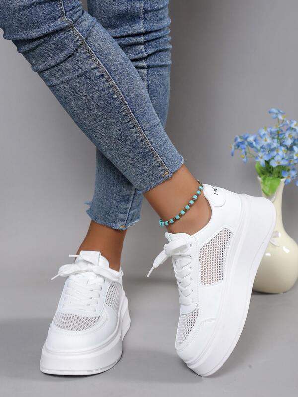 Nachtglanz™ -Katzenpfoten- Frauen Mesh Panel Lace-up Front Wedge Sneakers, Sportliche Sneakers