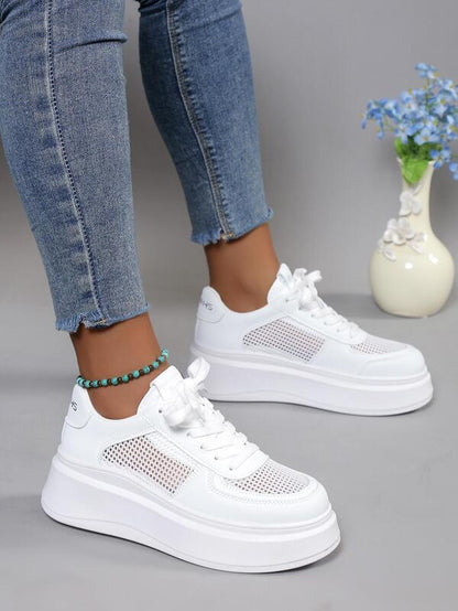 Nachtglanz™ -Katzenpfoten- Frauen Mesh Panel Lace-up Front Wedge Sneakers, Sportliche Sneakers