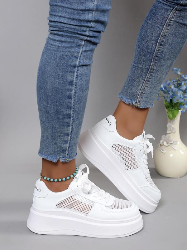 Nachtglanz™ -Katzenpfoten- Frauen Mesh Panel Lace-up Front Wedge Sneakers, Sportliche Sneakers