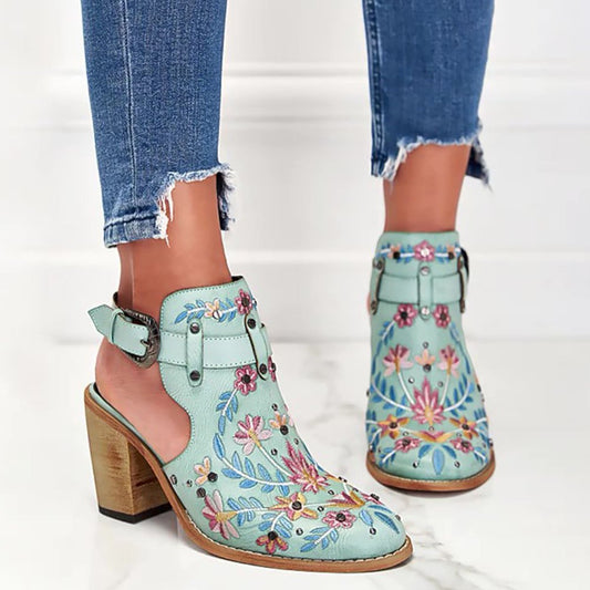 Vintage Stickerei Blumen Holzklötze hochhackige Clogs - Nachtglanz™