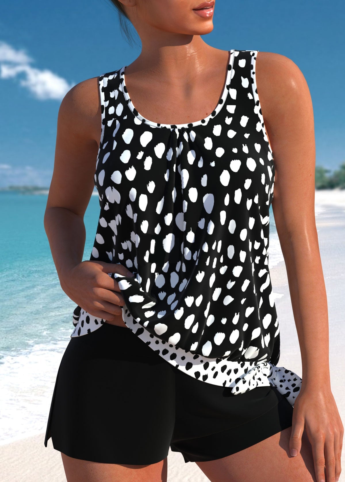 Staubblaues Tankini-Set mit Patchwork-Blumendruck