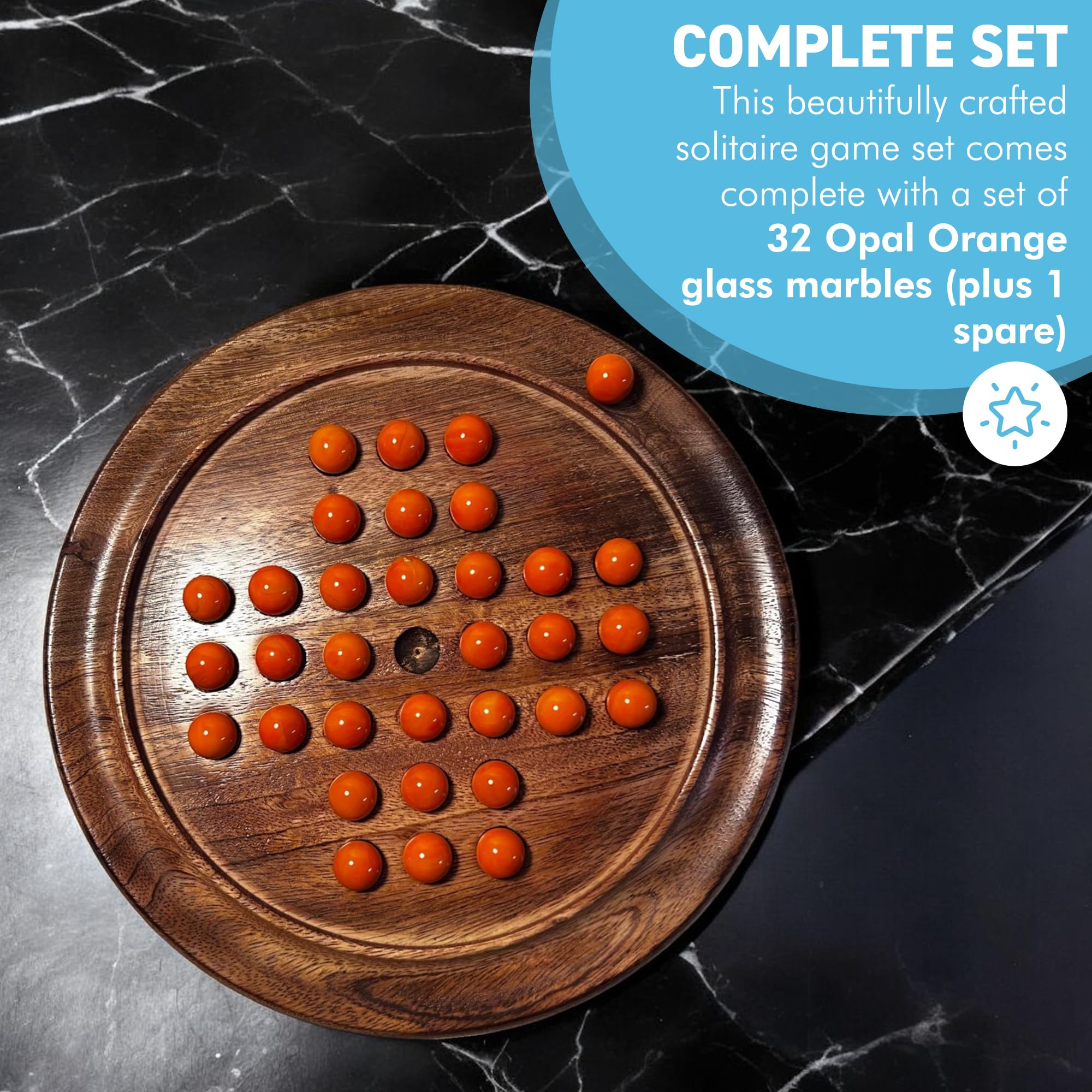 22cm Wooden Solitaire Board Game – Classic Strategy Game with Opal Orange