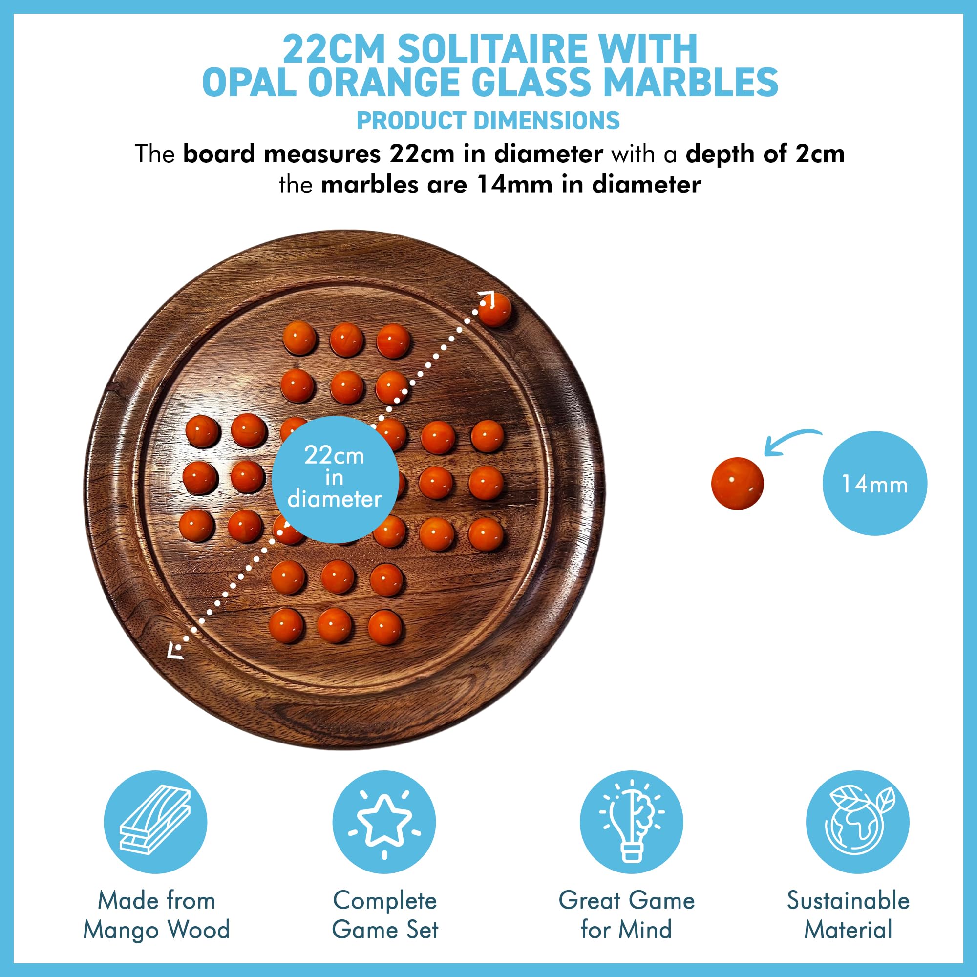 22cm Wooden Solitaire Board Game – Classic Strategy Game with Opal Orange