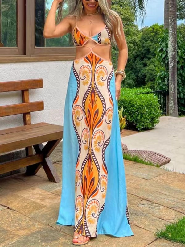 Summer Symphony Maxikleid aus Leinenmischung mit einzigartigem ethnischem Druck, ausgeschnittener Taille und Bindeband im Rücken