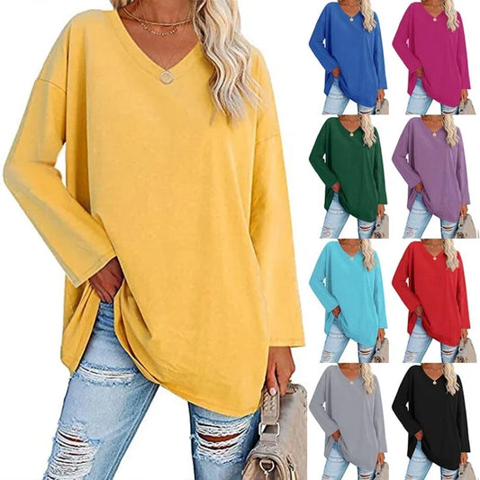 Locker langärmeliger Strickpullover mit V-Ausschnitt für Frauen - nachtglanzNachtglanz