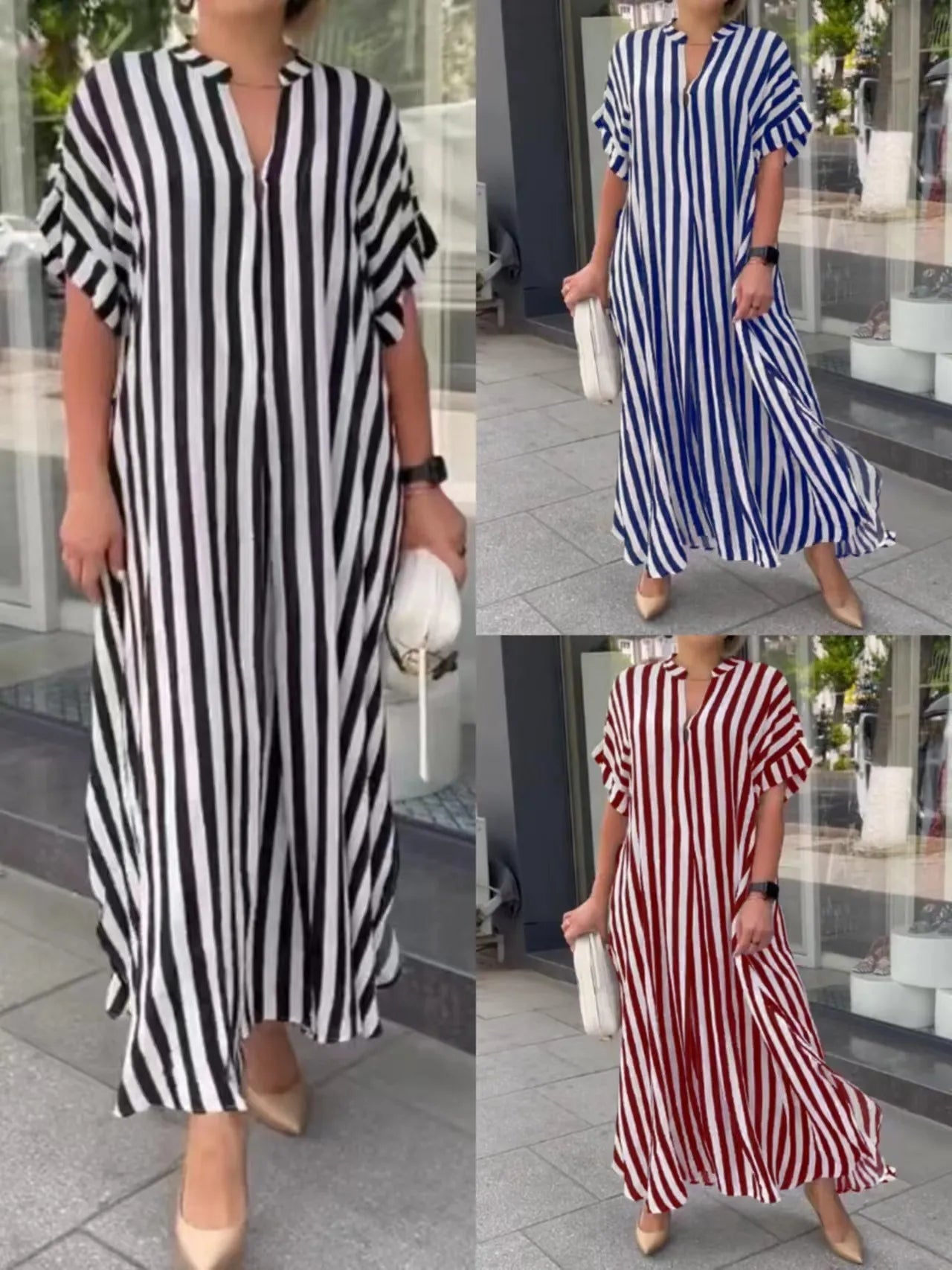KLEID MIT V-AUSSCHNITT UND STREIFENDRUCK FÜR FRAUEN - nachtglanzNachtglanz