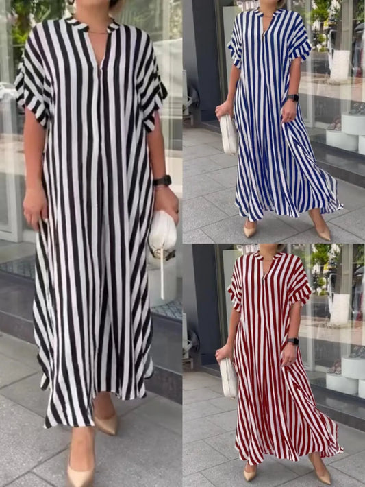 KLEID MIT V-AUSSCHNITT UND STREIFENDRUCK FÜR FRAUEN - nachtglanzNachtglanz